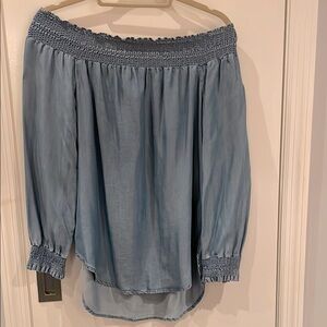 Michael Kors Chambray Smocked Off-Shoulder Blouse - S